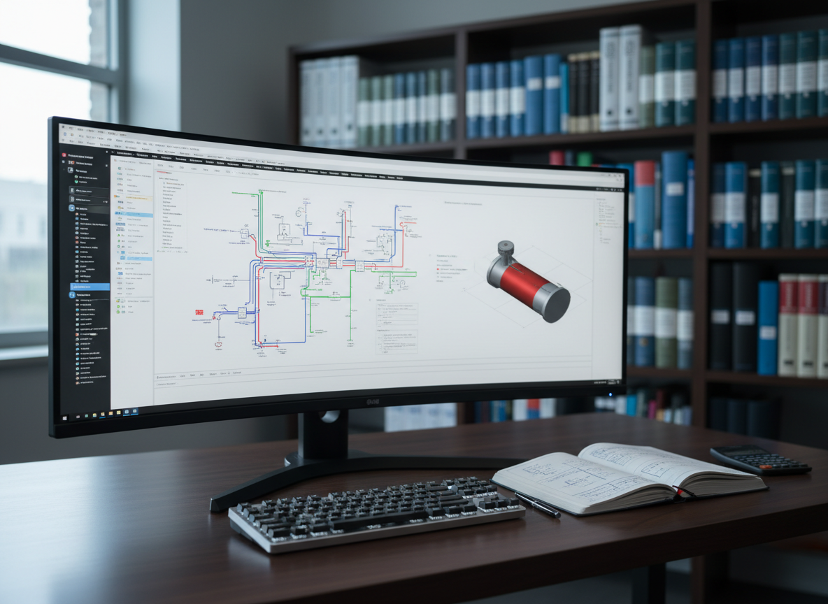 A meticulously organized engineering workstation featuring a large ultra-wide monitor displaying a detailed PFD and heat exchanger design, with crisp vector lines and color-coded process streams. The monitor sits on a dark walnut desk with a brushed aluminum keyboard, a technical notebook open beside it filled with hand-drawn schematics. In the background, blurred shelves contain neatly arranged standards books and binders labeled Oil & Gas, Power, and Chemicals. Cool daylight from a nearby window casts soft, even illumination, creating subtle reflections on the screen and desk surface. Photographic realism, eye-level composition with a shallow depth of field, professional and calm atmosphere, emphasizing precision EPC consulting and heat transfer engineering expertise.