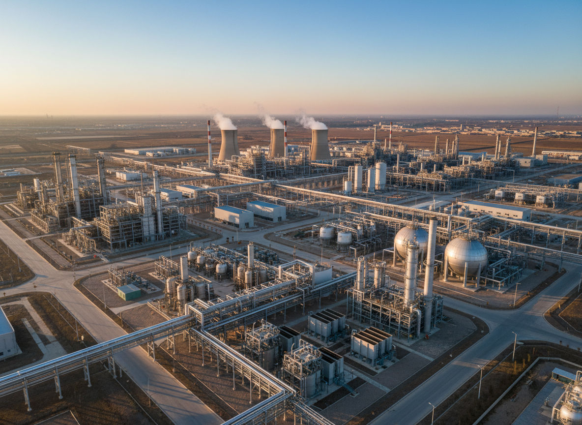 An expansive aerial view of an industrial complex combining Oil & Gas, power generation, and chemical processing units, all rendered in photographic realism with clean, modern architecture and impeccably maintained facilities. Steam plumes rise subtly from cooling towers, and a network of pipelines, pressure vessels, and heat exchangers is clearly visible, laid out in a logical, optimized pattern. Soft late-afternoon sunlight casts long, organized shadows, enhancing the sense of scale and order. The composition uses the rule of thirds, with the plant stretching into the horizon beneath a clear sky, conveying stability, experience, and decades of EPC project involvement across multiple industries.