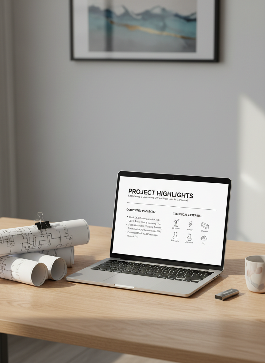 A minimalist, professional desktop layout featuring an open laptop showing a polished one-page project sheet summary for an EPC and Heat Transfer consultant, with clear headings, bullet points of completed projects, and technical icons for Oil & Gas, Power, Steelworks, Chemicals, Pharma, and EPC. The laptop rests on a clean, light oak surface beside a stack of neatly clipped A3 process diagrams and a USB drive labeled Project Data. Soft, diffused morning light from the right creates a calm, inviting glow with gentle shadows. Photographic realism, eye-level composition with generous negative space, ideal for a call-to-action section encouraging visitors to download a project sheet.