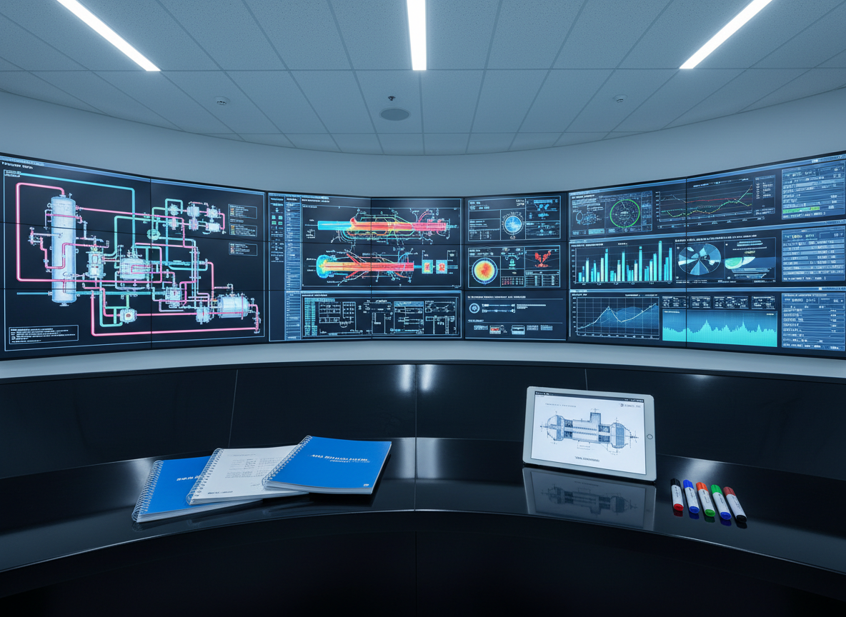 A modern control room interior focused on a curved wall of high-resolution screens displaying process plant layouts, heat balance diagrams, and real-time performance dashboards in clean, professional colors. In the foreground, a polished black console holds engineering reports, a tablet showing a TEMA-standard heat exchanger cross-section, and color-coded markers aligned in a tidy row. The room is illuminated by cool, diffused overhead lighting with a faint blue cast, giving a high-tech yet controlled mood. Shot from a slightly elevated angle with sharp focus throughout, photographic realism, clean and modern aesthetic, communicating reliable EPC project oversight and data-driven design.