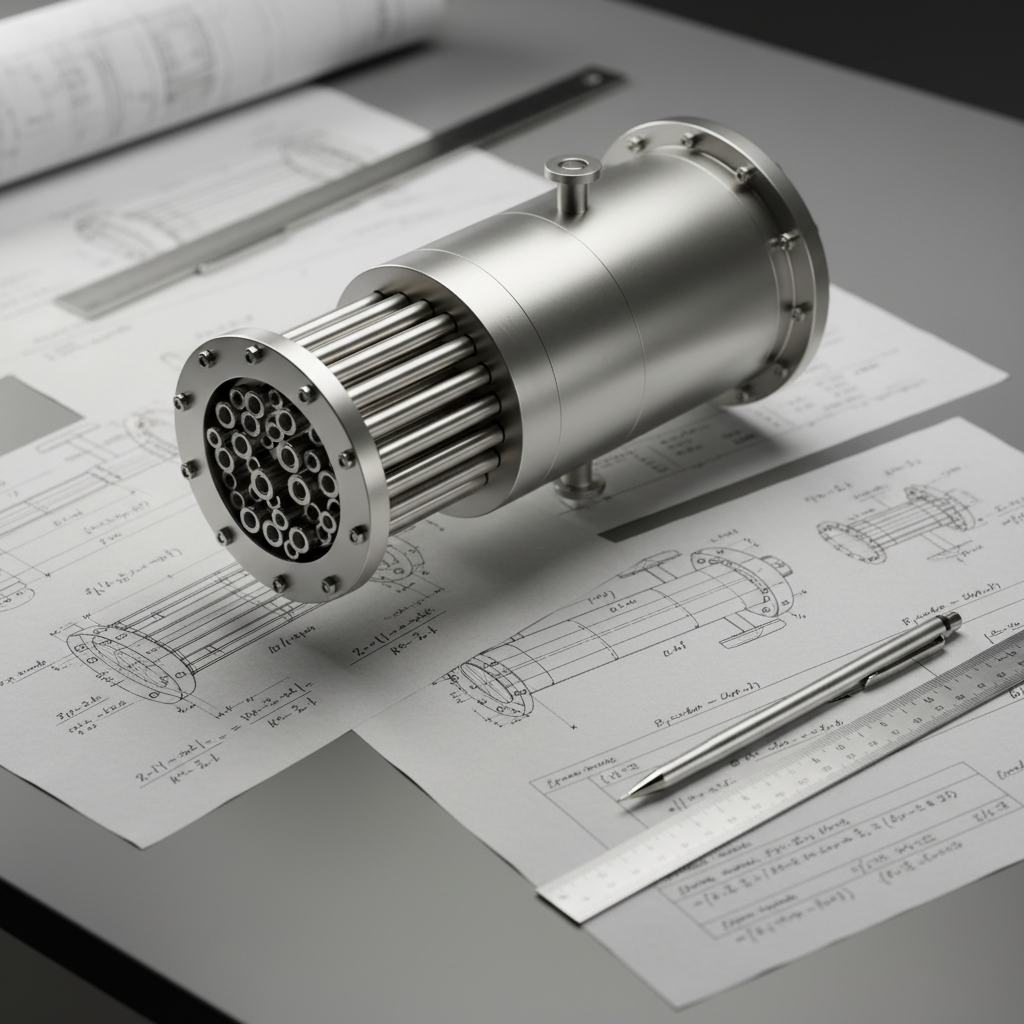 A close-up of a large shell-and-tube heat exchanger model resting on a matte grey drafting table, its stainless steel tubes and flanges rendered with precise, photographic detail. Technical drawings with isometric views and calculation sheets are carefully spread around it, featuring clear annotations and neat engineering handwriting. A steel ruler and mechanical pencil lie parallel along the edge of a drawing. Soft, directional studio lighting from the left creates gentle highlights on the metallic surfaces and crisp shadows across the paper, emphasizing texture and accuracy. Captured from a three-quarter overhead angle with shallow depth of field, professional and focused mood, showcasing specialized heat transfer engineering competence.
